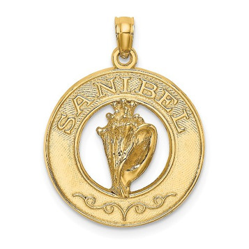 14K Yellow Gold Sanibel On Round Frame With Conch Shell Charm Pendant - (A92-532) 14K Yellow Gold Sanibel On Round Frame With Conch Shell Charm Pendant - (A92-532)