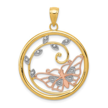 14K Yellow Gold Yellow & Rose Gold with Rhodium Butterfly In Circle Pendant - (A85-249) 14K Yellow Gold Yellow & Rose Gold with Rhodium Butterfly In Circle Pendant - (A85-249)