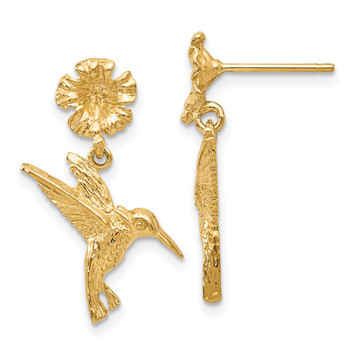 14K Yellow Gold Hummingbird Dangles from Flower Post Earrings - (B41-351)