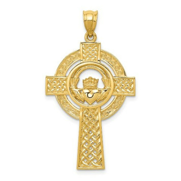 14K Yellow Gold Celtic Claddagh Cross Pendant - (A83-356) 14K Yellow Gold Celtic Claddagh Cross Pendant - (A83-356)