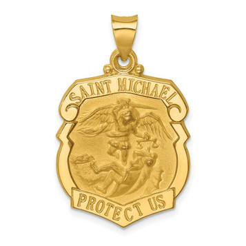 14K Yellow Gold Polished and Satin St. Michael Badge Medal Pendant 21mm width - (B11-481) 14K Yellow Gold Polished and Satin St. Michael Badge Medal Pendant 21mm width - (B11-481)