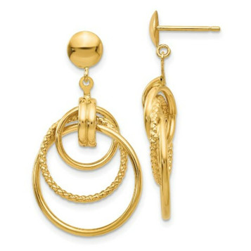 14K Yellow Gold Polished & Twisted 3 Circle Fancy Post Earrings - (B36-767)