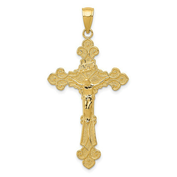 14K Yellow Gold Polished Textured INRI Crucifix Fleur de Lis Pendant - (A86-179) 14K Yellow Gold Polished Textured INRI Crucifix Fleur de Lis Pendant - (A86-179)