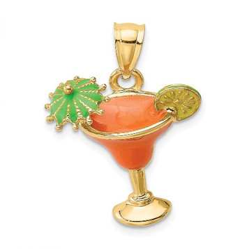 14K Yellow Gold 2-D Orange Enameled Margarita Drink With Umbrella & Lima Charm Pendant - (A90-995)