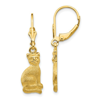14K Yellow Gold Satin Cat Dangle Leverback Earrings - (B36-777) 14K Yellow Gold Satin Cat Dangle Leverback Earrings - (B36-777)