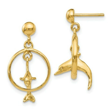 14K Yellow Gold Polished 3-D Dolphin Jumping Through Hoop Dangle Earrings - (B36-854) 14K Yellow Gold Polished 3-D Dolphin Jumping Through Hoop Dangle Earrings - (B36-854)