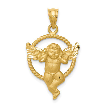 14K Yellow Gold Satin Angel in Circle Pendant - (A83-342)