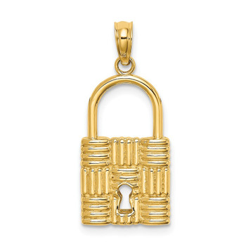 14K Yellow Gold 3-D Padlock With Key Hole Charm Pendant - (A91-619)