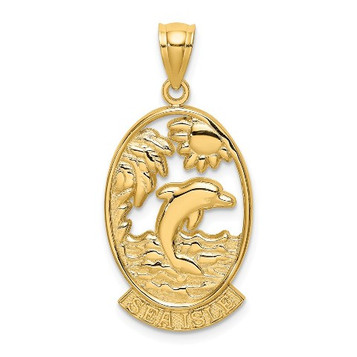14K Yellow Gold Sea Isle With Dolphin & Sunset In Frame Charm Pendant - (A93-408)