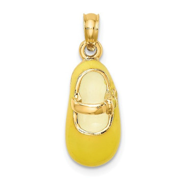 14K Yellow Gold 3-D With Yellow Enamel Baby Shoe Charm Pendant - (A91-201)
