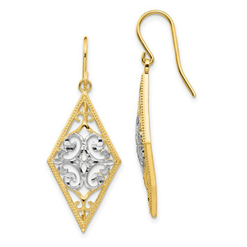 14K Two-tone Gold Rhodium Diamond Shape Filigree Dangle Earrings - (B41-626) 14K Two-tone Gold Rhodium Diamond Shape Filigree Dangle Earrings - (B41-626)