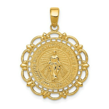 14K Yellow Gold Polished Miraculous Medal With Scallop Frame Pendant - (A85-690) 14K Yellow Gold Polished Miraculous Medal With Scallop Frame Pendant - (A85-690)
