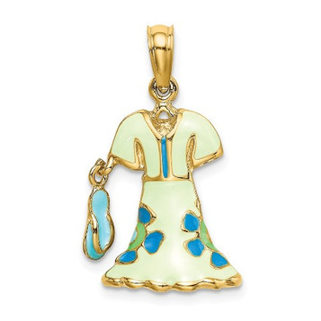 14K Yellow Gold 3-D Moveable Enamel Mint Floral Dress With Flip-Flop Charm Pendant - (A91-350)