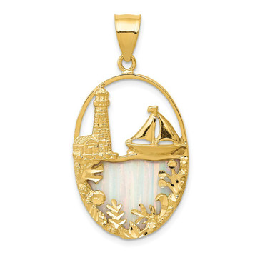 14K Yellow Gold Imitation Opal Lighthouse & Sailboat Pendant - (A85-549) 14K Yellow Gold Imitation Opal Lighthouse & Sailboat Pendant - (A85-549)