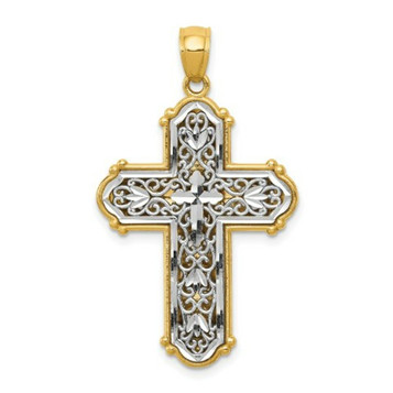14k Two-tone Gold Rhodium Reversible Diamond-cut Filigree Cross Pendant - (A85-614) 14k Two-tone Gold Rhodium Reversible Diamond-cut Filigree Cross Pendant - (A85-614)