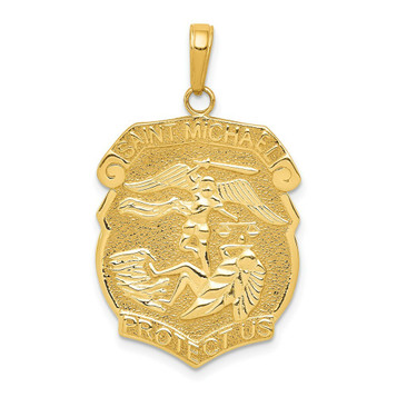 14K Yellow Gold Polished Large Saint Michael Protect Us Medal Pendant - (A85-913) 14K Yellow Gold Polished Large Saint Michael Protect Us Medal Pendant - (A85-913)