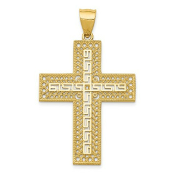 14K Yellow Gold Greek Key Filigree Cross Pendant - (A83-166)