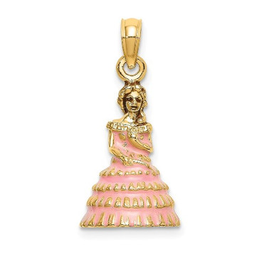 14K Yellow Gold 3-D Enamel Pink Dress Charleston Southern Belle Charm Pendant - (A91-102)