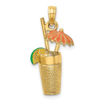 14K Yellow Gold 3-D Cocktail Drink With Orange Enamel Umbrella & Lime Charm Pendant - (A91-308)