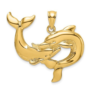 14K Yellow Gold Polished Two Dolphins Together Charm Pendant - (A91-688)