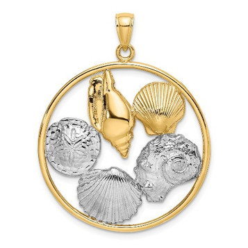 14k Yellow Gold and White Rhodium Shell Cluster In Round Frame Charm Pendant - (A93-861) 14k Yellow Gold and White Rhodium Shell Cluster In Round Frame Charm Pendant - (A93-861)