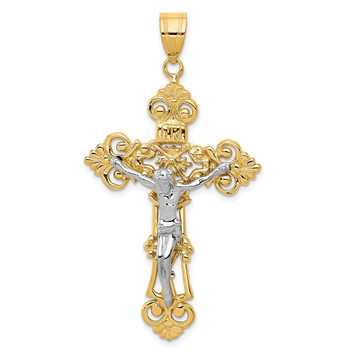 14K Two-tone Gold INRI Fleur De Lis Crucifix Pendant 57mm length - (A83-482) 14K Two-tone Gold INRI Fleur De Lis Crucifix Pendant 57mm length - (A83-482)