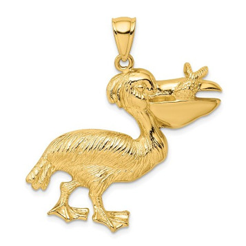 14K Yellow Gold 2-D Pelican With Fish In Mouth Charm Pendant - (A92-148) 14K Yellow Gold 2-D Pelican With Fish In Mouth Charm Pendant - (A92-148)