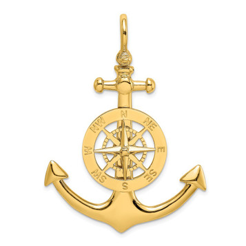 14K Yellow Gold Large Anchor With Nautical Compass Charm Pendant - (A91-655)