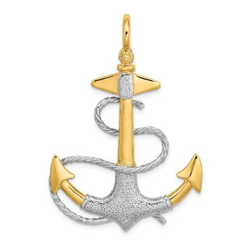 14K Two-tone Gold 3-D Anchor With White Rope Shackle Bail Charm Pendant - (A94-393)