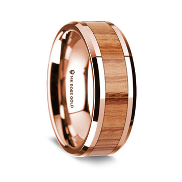 14K Rose Gold Polished Beveled Edges Wedding Ring with Red Oak Wood Inlay - 8 mm ~ (G65-133)