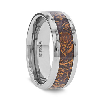 ABBA Mens Polished Tungsten Wedding Band with Sanskrit Stone Inlay Polished Beveled Edges - 8mm ~ (G65-178)