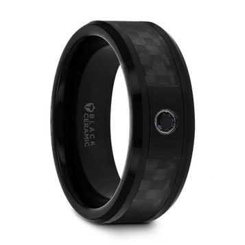 ABERDEEN Black Ceramic Ring with Black Diamond Wedding Band and Black Carbon Fiber Inlay - 8mm ~ (G65-179) ABERDEEN Black Ceramic Ring with Black Diamond Wedding Band and Black Carbon Fiber Inlay - 8mm ~ (G65-179)