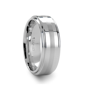ADAIR Brushed Stripe White Tungsten Carbide Ring with Raised Center - 8mm ~ (G65-186) ADAIR Brushed Stripe White Tungsten Carbide Ring with Raised Center - 8mm ~ (G65-186)