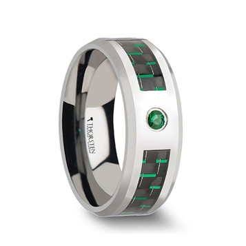 ASPEN Tungsten Carbide Ring with Black and Green Carbon Fiber and Emerald Setting - 8mm ~ (G65-454) ASPEN Tungsten Carbide Ring with Black and Green Carbon Fiber and Emerald Setting - 8mm ~ (G65-454)
