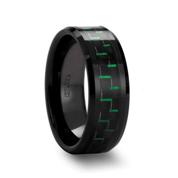 ATILUS Black Beveled Ceramic Ring with Black & Green Carbon Fiber - 8mm ~ (G65-464) ATILUS Black Beveled Ceramic Ring with Black & Green Carbon Fiber - 8mm ~ (G65-464)