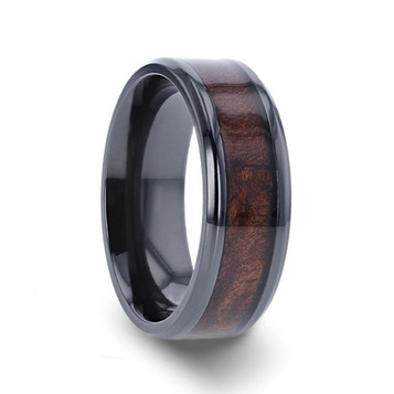 CERISE Redwood Inlaid Black Ceramic Ring with Beveled Edges - 8mm ~ (G65-645) CERISE Redwood Inlaid Black Ceramic Ring with Beveled Edges - 8mm ~ (G65-645)