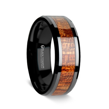 DOMINICA Black Titanium Band with Polished Bevels and Exotic Mahogany Hard Wood Inlay - 8 mm ~ (G65-835) DOMINICA Black Titanium Band with Polished Bevels and Exotic Mahogany Hard Wood Inlay - 8 mm ~ (G65-835)