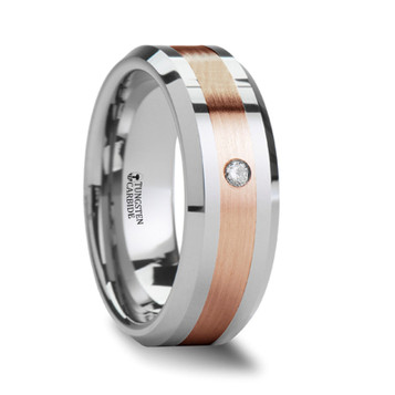 ENZO Beveled Tungsten Carbide Ring with Diamond and Rose Gold Inlaid - 8mm ~ (G65-899) ENZO Beveled Tungsten Carbide Ring with Diamond and Rose Gold Inlaid - 8mm ~ (G65-899)