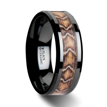 FANG Black Ceramic Wedding Ring with Boa Snake Skin Design Inlay - 8mm ~ (G65-916)