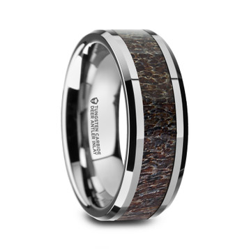 Thorsten Rings FAWN Beveled Tungsten Carbide Polished Men's Wedding Band with Dark Antler Inlay - 8mm ~ (G65-917) Thorsten Rings FAWN Beveled Tungsten Carbide Polished Men's Wedding Band with Dark Antler Inlay - 8mm ~ (G65-917)