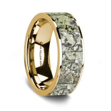 Flat Polished 14K Yellow Gold Wedding Ring with Green Dinosaur Bone Inlay - 8 mm ~ (G65-957)