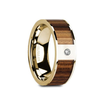 GAEA Flat Polished 14K Yellow Gold with Zebra Wood Inlay & White Diamond Setting - 8mm ~ (G65-985)