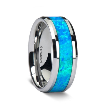 GALAXY Titanium Polished Beveled Edge with Blue Green Opal Inlay - 8 mm ~ (G65-997) GALAXY Titanium Polished Beveled Edge with Blue Green Opal Inlay - 8 mm ~ (G65-997)