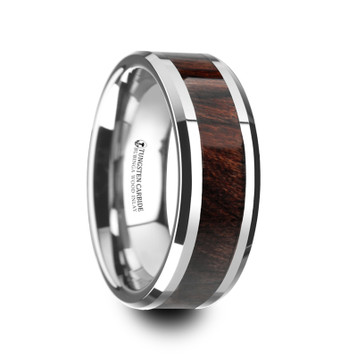 KEVAZ Bubinga Wood Inlaid Tungsten Carbide Ring with Bevels - 8mm ~ (H65-304) KEVAZ Bubinga Wood Inlaid Tungsten Carbide Ring with Bevels - 8mm ~ (H65-304)