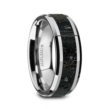 KILAUEA Mens Polished Tungsten Wedding Band with Black & Gray Lava Rock Stone Inlay & Polished Beveled Edges - 8mm ~ (H65-309) KILAUEA Mens Polished Tungsten Wedding Band with Black & Gray Lava Rock Stone Inlay & Polished Beveled Edges - 8mm ~ (H65-309)