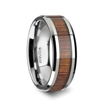 KOAN Titanium Polished Finish Koa Wood Inlaid Mens Wedding Ring with Beveled Edges - 8mm ~ (H65-318) KOAN Titanium Polished Finish Koa Wood Inlaid Mens Wedding Ring with Beveled Edges - 8mm ~ (H65-318)