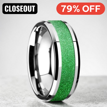 LAWRENCE Tungsten Carbide Bevel Edged Mens Ring with Sparkling Green Inlay - 8mm ~ (H65-358)