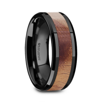LUGANO Olive Wood Inlaid Black Ceramic Ring with Bevels - 8mm  ~ (H65-392) LUGANO Olive Wood Inlaid Black Ceramic Ring with Bevels - 8mm  ~ (H65-392)