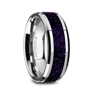 MAKI Mens Beveled Tungsten Polished Finish Wedding Ring with Purple Goldstone Inlay - 8mm ~ (H65-455) MAKI Mens Beveled Tungsten Polished Finish Wedding Ring with Purple Goldstone Inlay - 8mm ~ (H65-455)