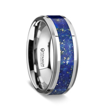 MALONE Men's Titanium Wedding Ring with Blue Lapis Inlay & Beveled Edges - 8 mm ~ (H65-456)
